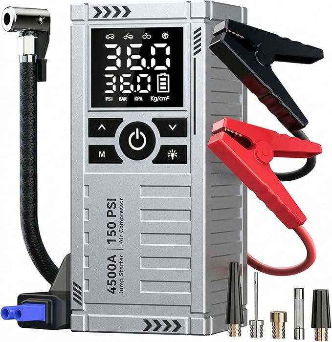 Car Battery Jump Starter with Air Compressor - 4500A Battery Jumper Starter Portable (9.0 Gas/8.0L Diesel) with 150PSI Tire