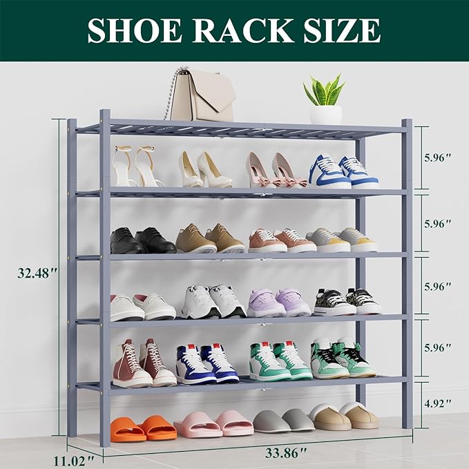 Smiry Shoe Rack, 5 Tier Thick Long Bamboo Shoe Organizer, Stackable Free Standing Wooden Shoe Storage Shelf for Closet, Entry