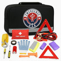 Roadside Car Emergency Kit - First Aid Set, Jumper Cables, Tow Strap, LED Flash Light, Rain Coat, Tire Pressure Gauge, Safety