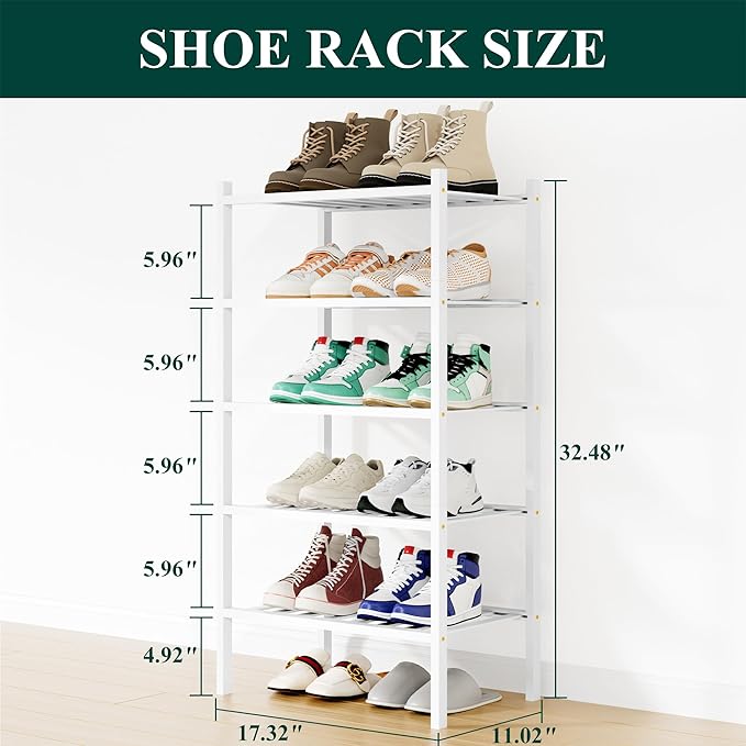 Smiry Shoe Rack, 5 Tier Small Bamboo Shoe Organizer, Stackable Free Standing Wooden Shoe Storage Shelf for Closet, Entryway, 