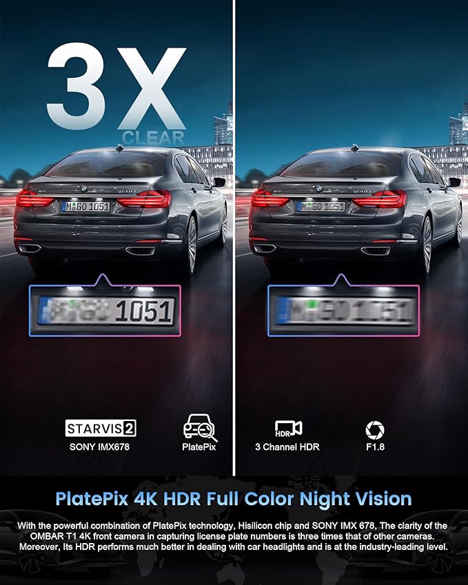 OMBAR T1 4K 3 Channel Dash Cam, STARVIS 2 IMX678 Sensors, Free 128GB Card, 2025 New Full Color HDR Night Vision, 4K+1080P+108