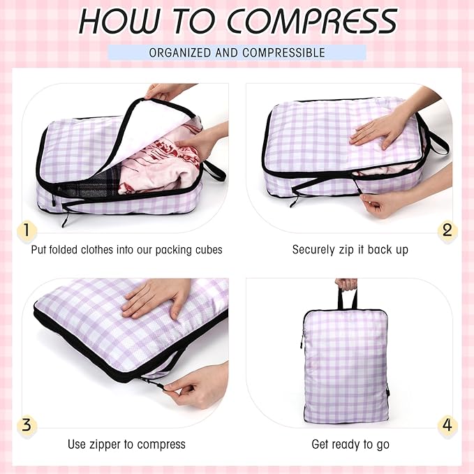 5 Pack Compression Packing Cubes for Travel Space Saving Cubes Luggage Organizer for Suitcase(Plaid,M)