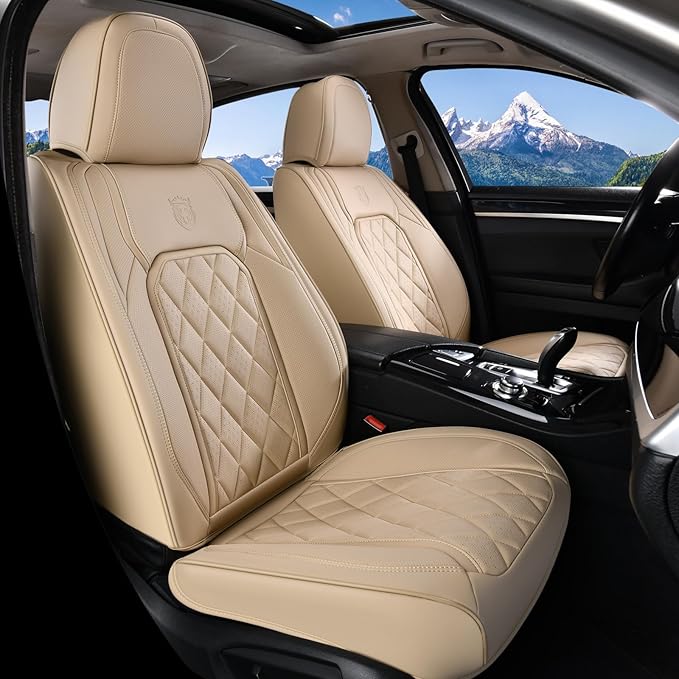 Coverado Front Seat Covers, 2-Pack Luxury Faux Leather Car Seat Cover, Beige Seat Covers, Car Seat Protector Waterproof, Car 