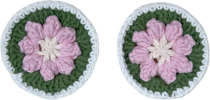 Handmade Crochet Pink and Green Cute Flower Steering Wheel Covers Universal 14-15 inch for Women and Men,New Car Gift,Handmade Gift,Gift for her (Steer Wheel Cover+2 Belt Cover+2 Coaster)