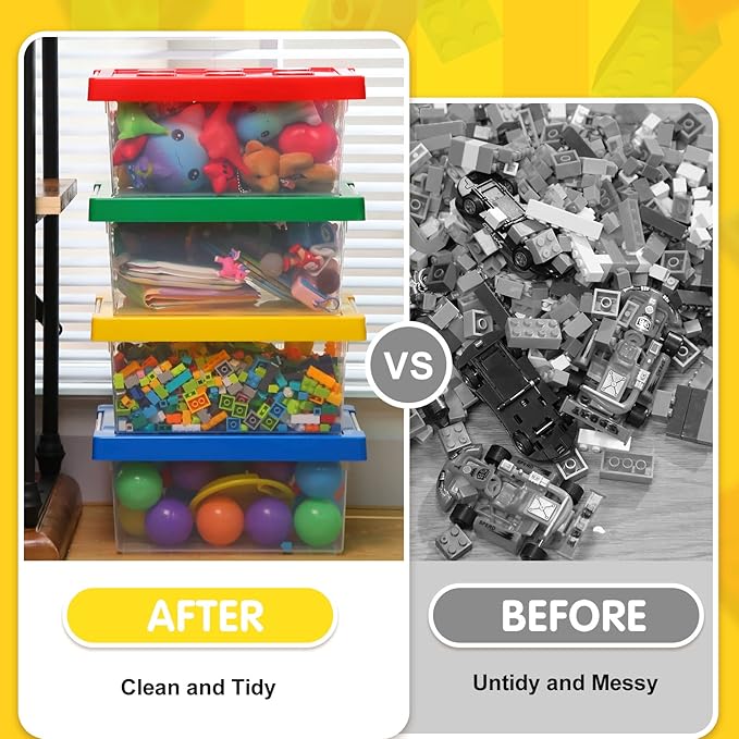 Vicenpal 4 Pack Toy Storage Containers with Lids Brick Shaped Kids Toy Organizer Box Plastic Clear Stackable Bin Chest for Bu