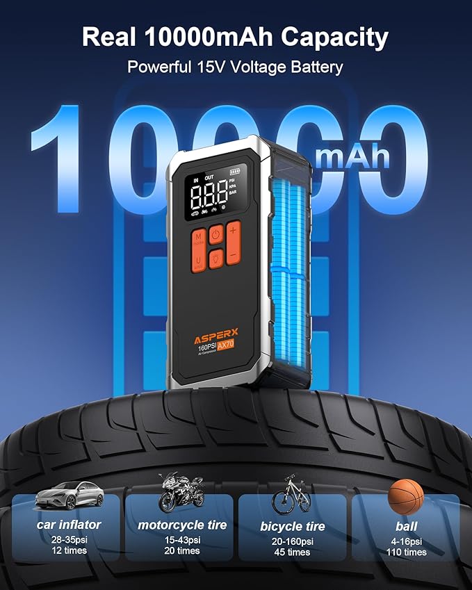 160PSI Tire Inflator Portable Air Compressor - Cordless Air Pump for Car Tires with 10000mAh Battery, 4+N Smart Modes, Digital Pressure Gauge, LED Light & Carrying Case - for Car, Moto, Bike, Balls