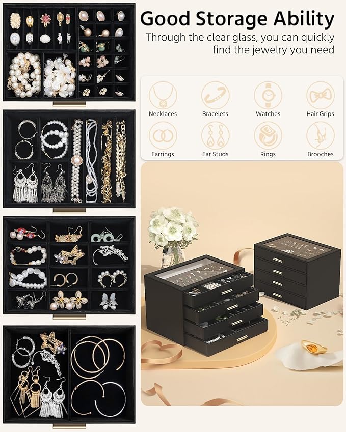AKOZLIN Jewelry Box with Clear Lid Functional Leather Jewelry Storage Organizer Case 4 Drawers for Women Girls Necklace Ring 