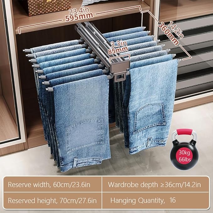 Pull Out Trouser Rack 16-24 Arms, Double Row Hanger, Extendable Pants Holder Sliding Closet Hanger Rail for Pants Clothes Org