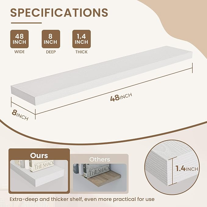 Dreamland 48 Inches Floating Shelves for Wall, 8" Deep Long Floating Shelves Set of 1, Large Display & Storage Shelf, Wall Sh
