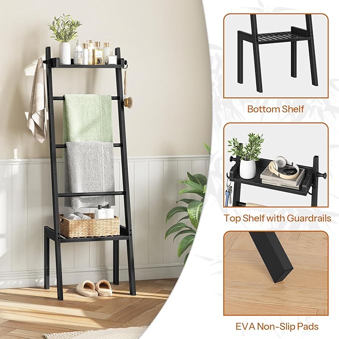 HOOBRO Blanket Ladder, 5 Tier Bamboo Ladder Shelf, Blanket Ladders for Living Room and Bedroom, Farmhouse Blanket Holder Rack