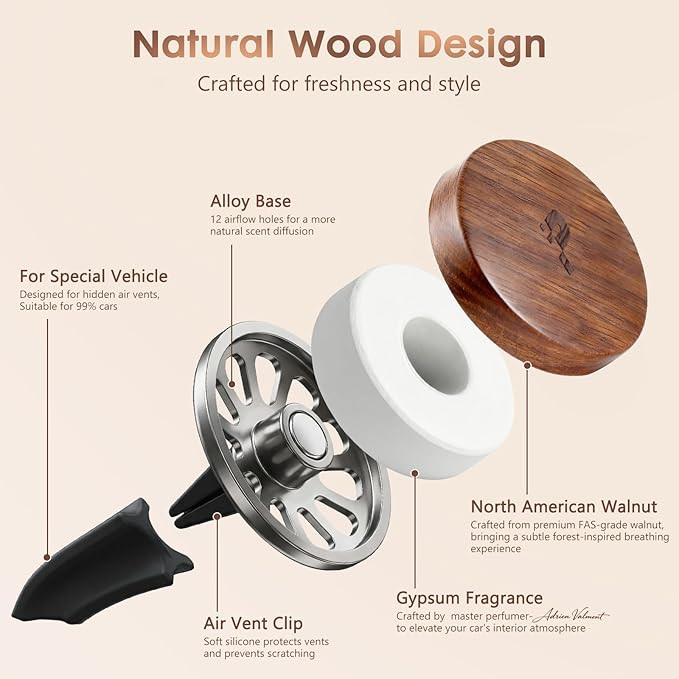 Wooden Car Air Freshener Vent Clip, Refillable Essential Oil Diffuser with Long-Lasting Natural Scent, North American Walnut 