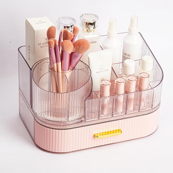360° Rotating Makeup Organizer with Drawer, Clear Acrylic Cosmetic Storage Display, Stackable Beauty Counter (Pink, Large (Tr