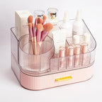 360° Rotating Makeup Organizer with Drawer, Clear Acrylic Cosmetic Storage Display, Stackable Beauty Counter (Pink, Large (Tr