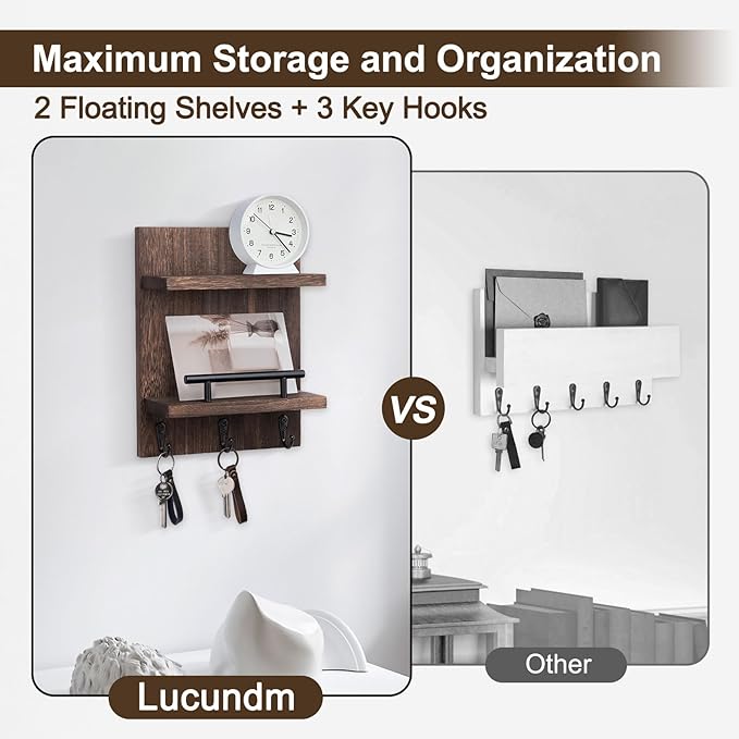 Key Holder Wall Mount, Mail Shelf Decor with 3 Key Hooks, Versatile Wood Wall Organizer for Entryway Hallway (8.2” x 10.6”x 3