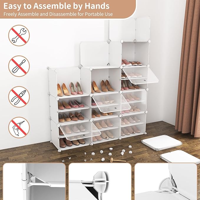 ROJASOP Portable Shoe Rack Organizer with Door, 72 Pairs White Shoe Storage Cabine Covered Shoe Rack Shoe Organizer for Close