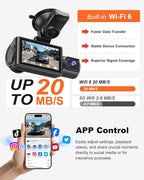 3 Channel 4K Dash Cam with STARVIS 2 Sensor, Free 128GB Card and WiFi 6 up to 20MB/s, Dash Camera for Cars with Front Rear In