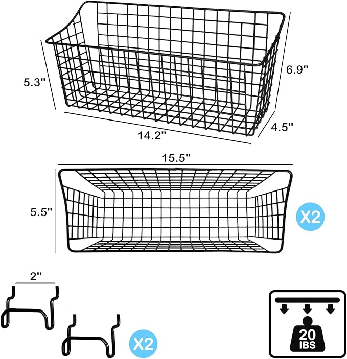 G.CORE 2 Pack Pegboard Baskets, Black Metal Shelves Hooks to 1/8" and 1/4" Hole Peg Boards, Peg Board Baskets Bins Set - Tool
