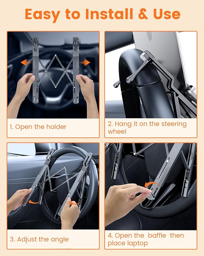 Steering Wheel Laptop Holder for Car SUV Pickup Truck Tesla Vehicle Workstation, Adjustable Foldable Portable iPad Tablet Laptop Stand for Desk, Tiktok Car Travel Essentials 2026 -Silver