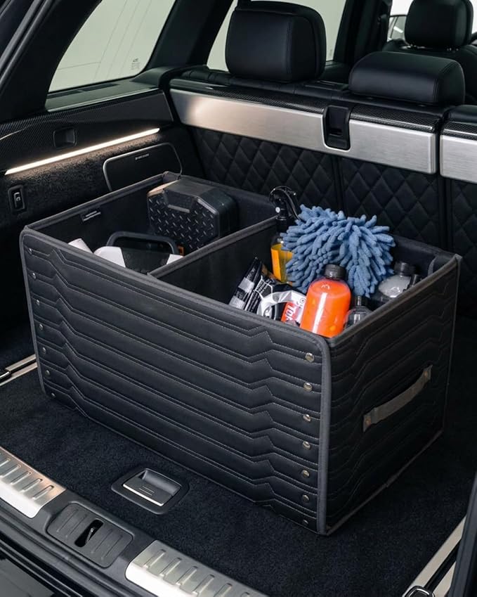 Owleys Trunk Storage 17.7" Collapsible Crate For Groceries, Tools & Travel Gear - Eco-Leather Car Organizer With Magnetic