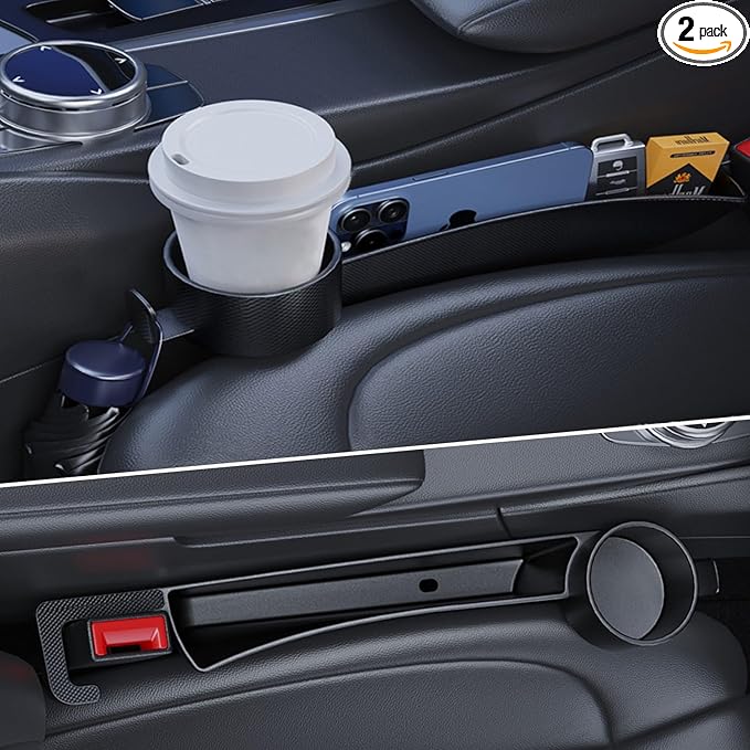 Car Seat Gap Plug with Storage Slot, Auto Gap Filler Organizer with Cup Holder, Universal Carseat Side Gap Filler Strip 2 Pack Between Front Seats & Console, Anti-Drop Pad with Seatbelt Holes, Black