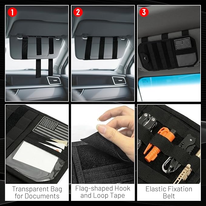 2 Pack Car Sun Visor Organizer, Auto Interior Accessories Tactical Molle Panel & PU Leather Visor Storage Pouch with Sunglasses Clip, Multi-Pocket Document Holder for Truck SUV Car Gear