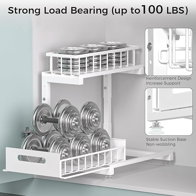 Under Sink Organizer, 2-Tier Premium Metal Pull-Out Racks with Adjustable Height, Heavy Duty Sliding Bin for Bathroom and Kit