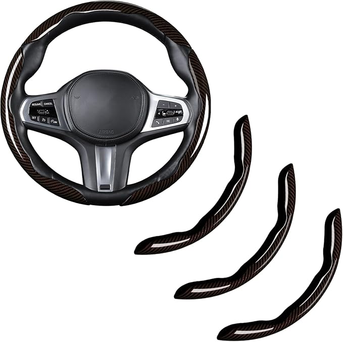 Carbon Fiber Steering Wheel Cover, Snap on Car Steering Wheel Cover Set Accessories 3pcs Wrap Grip Non Slip Protector Universal Glossy Brown