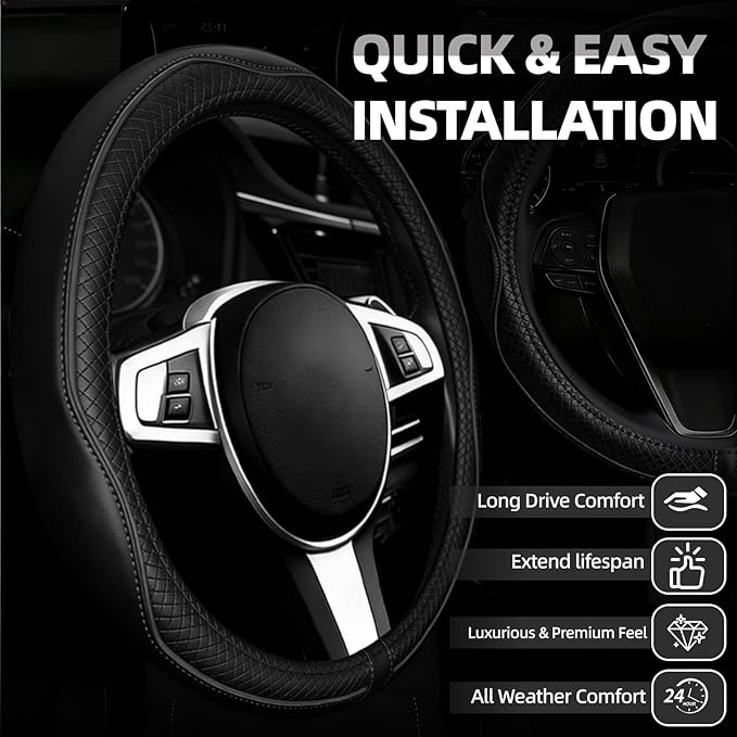 NBTEPEM Microfiber Steering Wheel Cover and Waterproof Car Floor Mats, Universal Fit Most Truck, SUV, Cars, 14.5-15inch Sporty Steering Wheel Covers with Anti-Slip Lining (Black with Black line)
