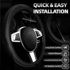 NBTEPEM Microfiber Steering Wheel Cover and Waterproof Car Floor Mats, Universal Fit Most Truck, SUV, Cars, 14.5-15inch Sporty Steering Wheel Covers with Anti-Slip Lining (Black with Black line)
