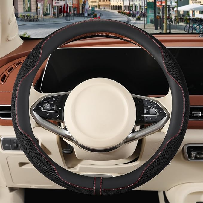 Nappa Leather Steering Wheel Cover, Advanced Microfiber Leather Non-Slip Breathable Fabric, Warm in Winter and Cool in Summer
