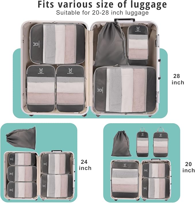 Compression Packing Cubes for Travel, Bunnychill Portable Zipper Packing Cube for Cloting, Expandable Space Saver Storage Lug