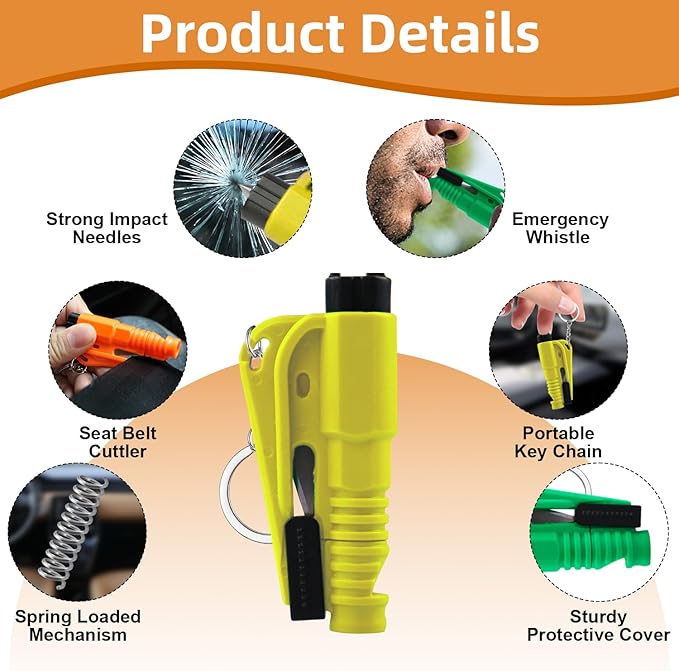 16Pcs Car Window Breaker Key Chains, Portable 3 in 1 Glass Breaker/Seat Belt Cutter/Survival Whistle, Safety Emergency Escape