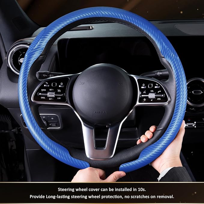 Aimato Car Steering Wheel Cover Carbon Fiber, Ultra-Thin Car Steering Wheel Cover,Comfortable & Breathable Microfiber,Universal Fit for Most Cars, Matte Blue