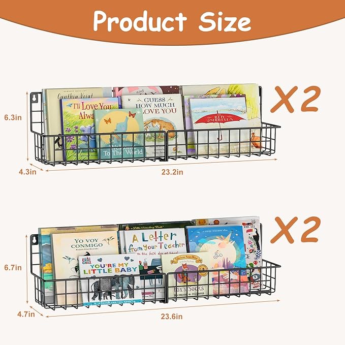 X-cosrack 24 Inch Wall Mounted Kids Bookshelf, Floating Metal Book Shelves for Kids Nursery Toddler Classroom, Hanging Book S
