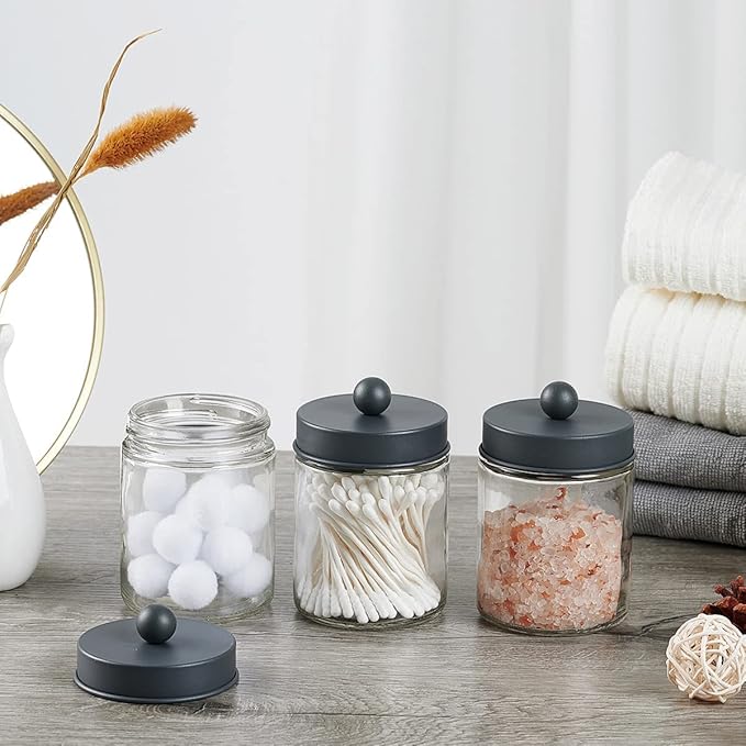 Amolliar 4 Pack Apothecary Jars Bathroom Vanity Storage Organizer Set -Countertop Canister with Stainless Steel Lids &Cute St