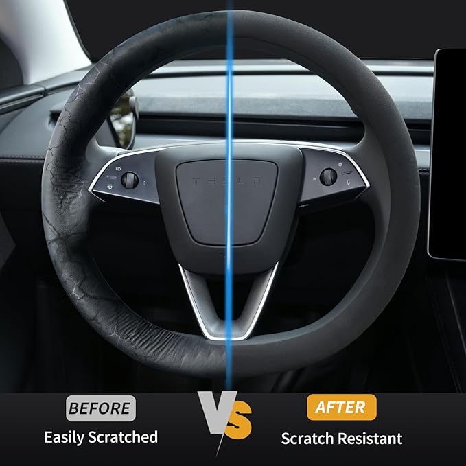 Suede Steering Wheel Cover for Tesla Model 3/Y 2016-2025 2026 Juniper/Highland, Non-Slip Breathable Tesla Model 3/Y Steering Wheel Protector, Black