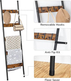 HOOBRO Blanket Ladder, 5-Tier Towel Rack with Hooks, Wall-Leaning Blanket Rack, Decorative Display Ladder Shelf, for Scarves,