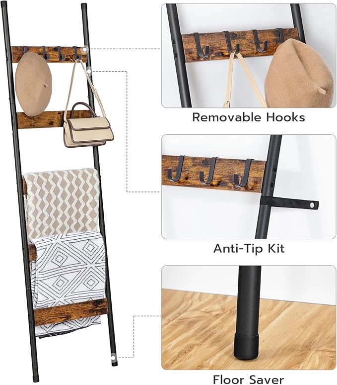 HOOBRO Blanket Ladder, 5-Tier Towel Rack with Hooks, Wall-Leaning Blanket Rack, Decorative Display Ladder Shelf, for Scarves,