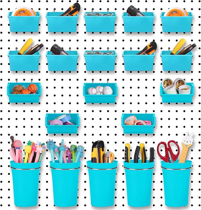 Yookeer 20 Pcs Pegboard Bins and Cups with Hooks and Loops Peg Assortment Organizer Accessories Various Tool Organizer Pegboa