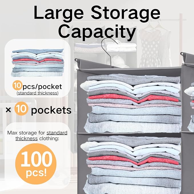 ALLTIDYUP Grey 5-Tier Hanging Closet Storage Organizer - Space-Saving Dual-Row Foldable Shelves with 3 Hooks, Wardrobe Organi
