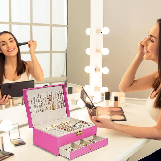 2-Layer Jewelry Box for women, jewelry organizers and storage with Removable Jewelry Tray, vintage quilted top Lockable Jewel