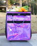 Reusable Grocery Bag with Wheels (Large, Glitter Purple), Rolling Shopping Bag with 8 Pockets and Zipper Cover Foldable Rolling Tote for Women, Travel, Garden, Carries Up to 76LBS