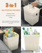 Car Trash Can with Lid, Cute Leakproof Car Trash Garbage Bag Hanging Vehicle Trash Bin Small Portable Automotive Garbage Cans Organizer for Back/Front Seat/Console(2.8 Gallons,Beige