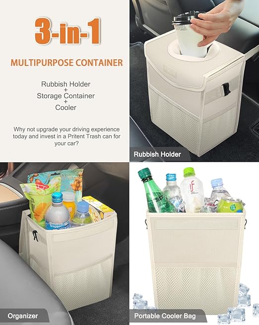 Car Trash Can with Lid, Cute Leakproof Car Trash Garbage Bag Hanging Vehicle Trash Bin Small Portable Automotive Garbage Cans Organizer for Back/Front Seat(Trapezoid,Ivory