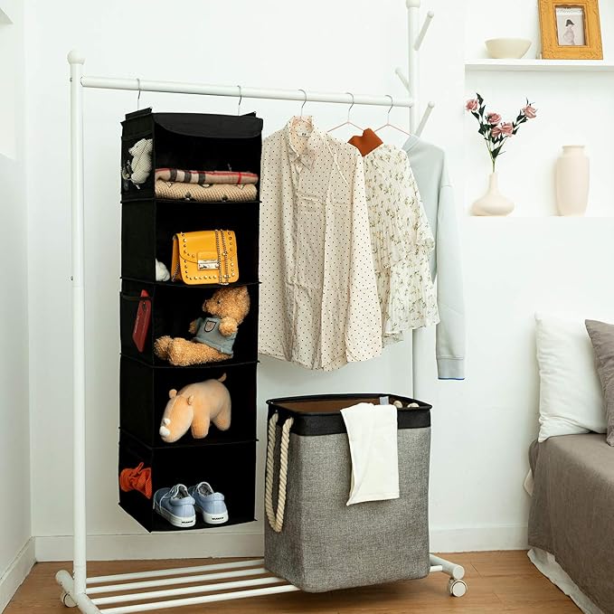 BrilliantJo 2 Pack Hanging Closet Organizer, 5 Shelves Hanging Storage with 6 Side Pockets for Clothes Shoes, 43"x12"x12"(Bla