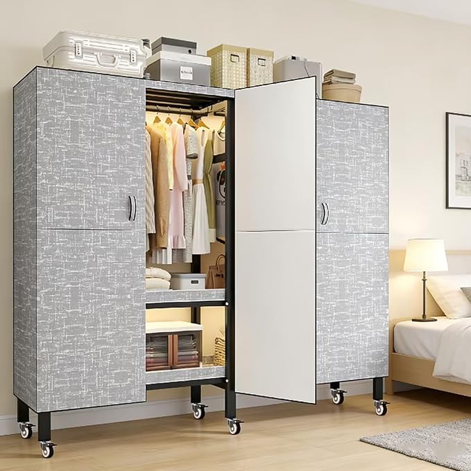 Foldable Portable Wardrobe On Wheels, Freestanding Garment Rack, with Magnetic Door 2000lbs, Heavy Duty Clothes Rack, for Bed
