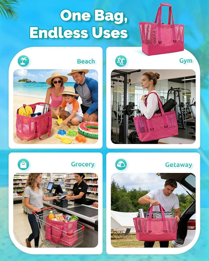 Large Mesh Beach Tote Bag - 50L Pool Bags with 2 Inner Zipper Waterproof Pockets for Swim Toys Towels Travel