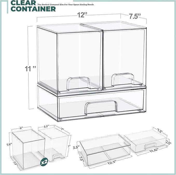 Sorbus Stackable Acrylic Storage Drawers – 2 Tall + 1 Wide – 3 Pack Clear Plastic Organizer Bins for Baby Bottles, Makeup, Ba