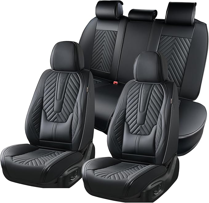 Coverado Seat Covers Full Set, Luxury Leather Car Seat Covers for Car with Lumbar Support, Automotive Seat Covers Waterproof 