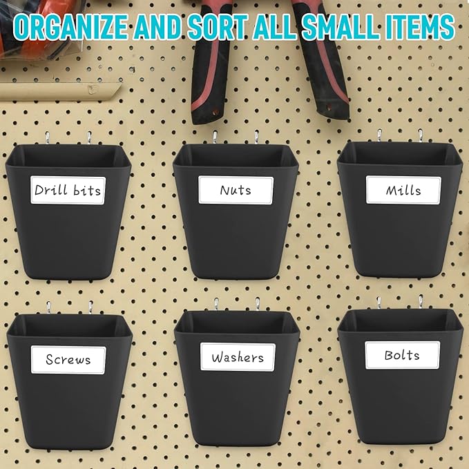 G.CORE Large Pegboard Cups Peg Board Storage Bin 6 Pack with Hooks, Square Box Shape Pegboard Cup Holder Accessories for Gara